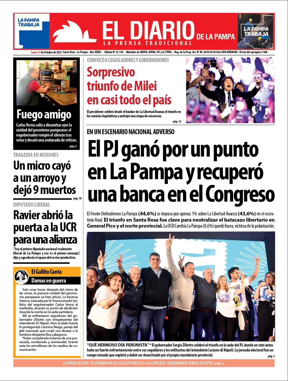 Tapa de El Diario en papel  lunes 27 de octubre de 2025